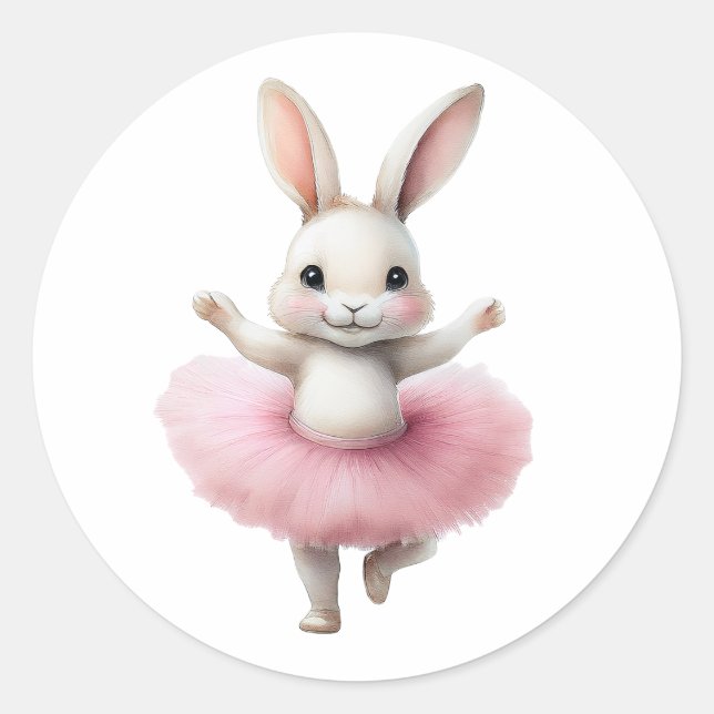 Cute white rabbit ballerina dancing ballet classic round sticker (Front)