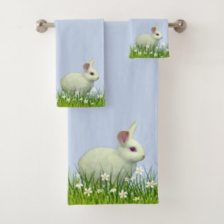 Cute White Rabbit & Flowers on Light Blue