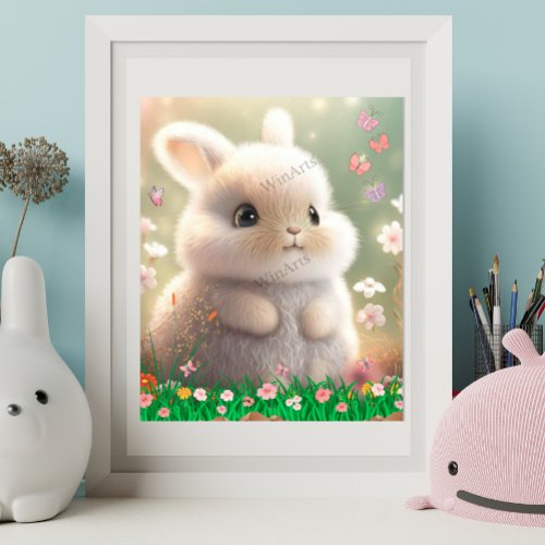Cute White Rabbit in Garden of Flowers Art Nursery Poster