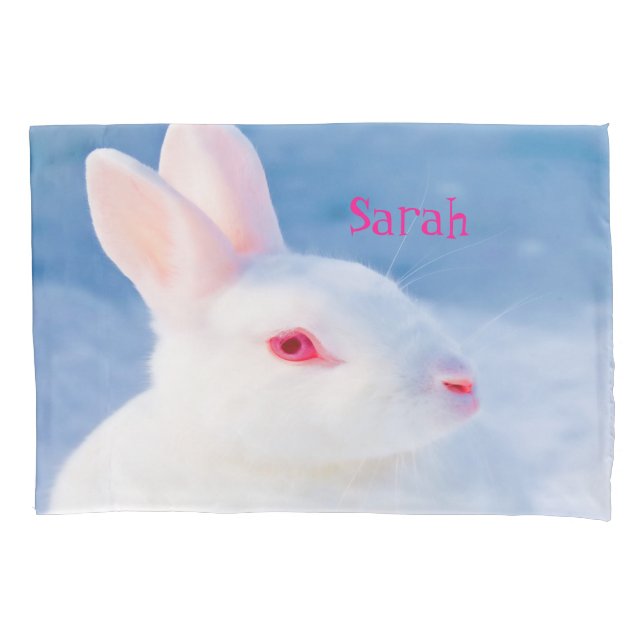 Cute white rabbit on blue background add name pillow case (Front)