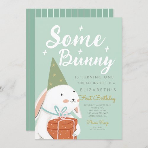 Cute White Rabbit Some Bunny is turning One Bday Invitation