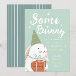Cute White Rabbit Some Bunny is turning One Bday Invitation
