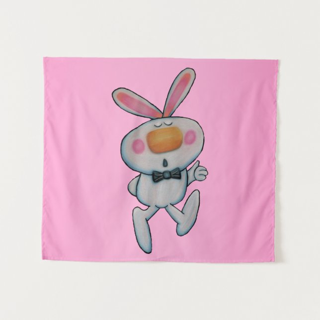 Cute White Rabbit Thumbs Up Black Bow Tie Pink Tapestry (Front (Horizontal))