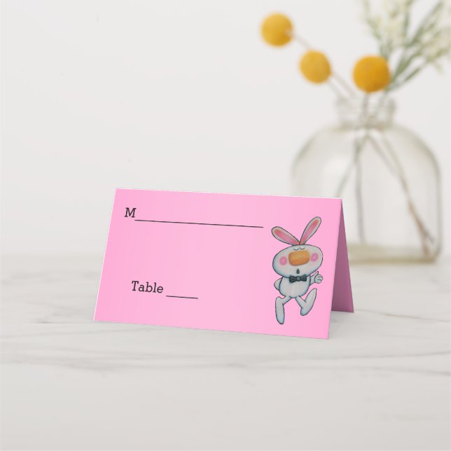 Cute White Rabbit Thumbs Up Bow Tie Pink Place Card (Front)
