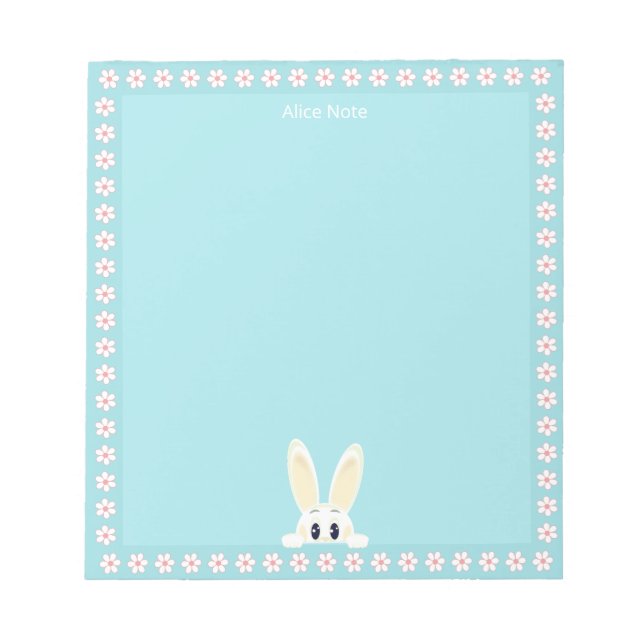 Cute White Rabbit & White Flowers on Simple Notepad (Front)