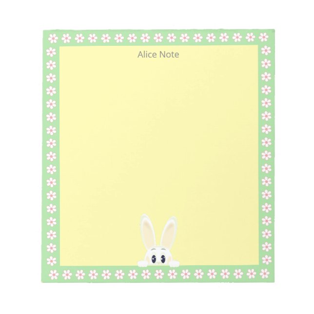 Cute White Rabbit & White Flowers on Yellow Simple Notepad (Front)