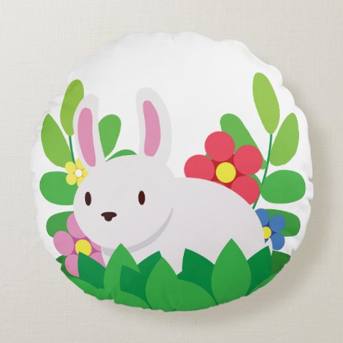 Cute White Rabbit With Flowers Round Pillow
