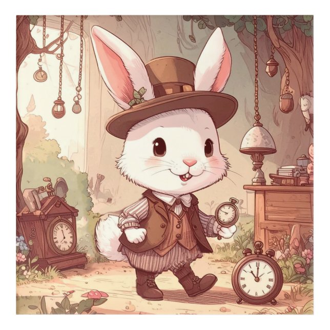 Cute White Rabbit Wonderland Whimsical Timekeeper Acrylic Print (Front)