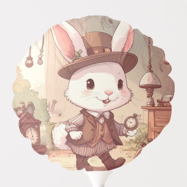 Cute White Rabbit Wonderland Whimsical Timekeeper Balloon (Front)