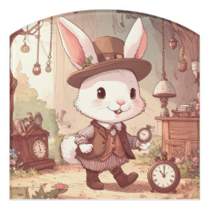 Cute White Rabbit Wonderland Whimsical Timekeeper Door Sign
