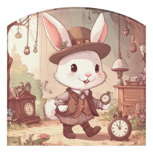 Cute White Rabbit Wonderland Whimsical Timekeeper Door Sign (Contour Front)
