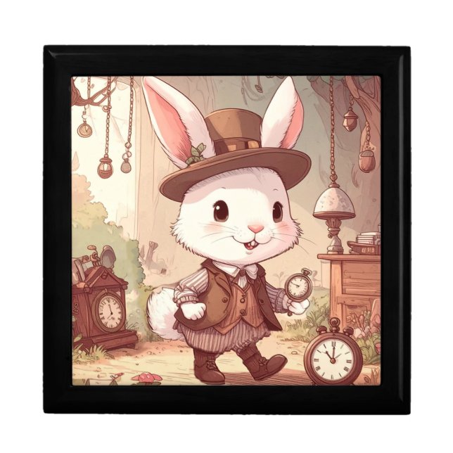 Cute White Rabbit Wonderland Whimsical Timekeeper Gift Box (Front)