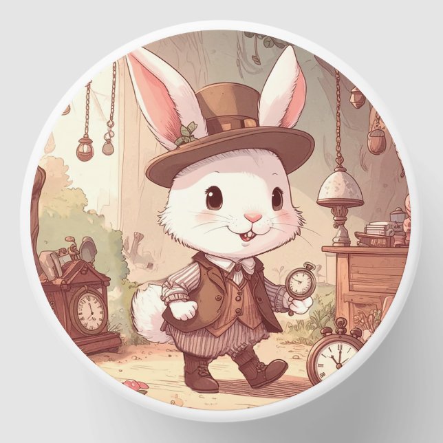 Cute White Rabbit Wonderland Whimsical Timekeeper Mini Candle Favors (Front)