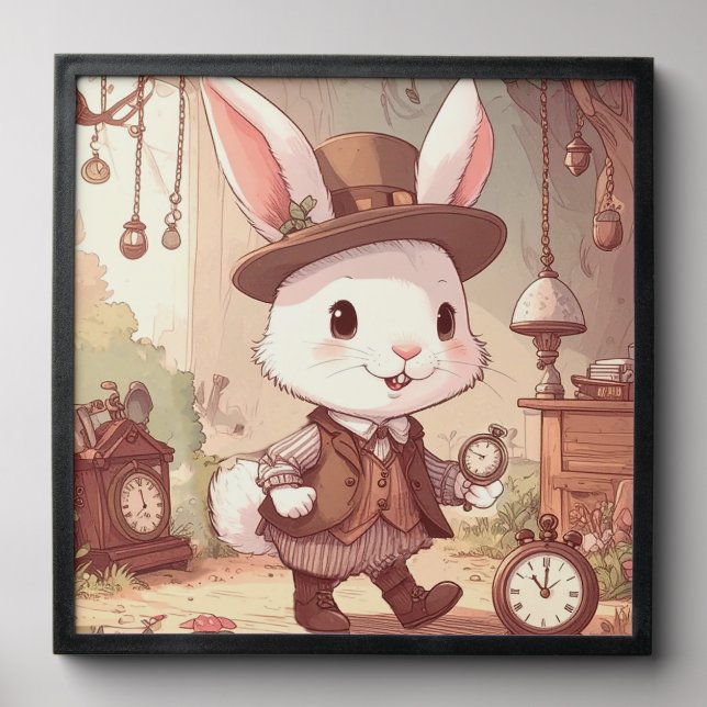 Cute White Rabbit Wonderland Whimsical Timekeeper Peel And Stick Photo Tile (Front Set)
