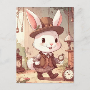 Cute White Rabbit Wonderland Whimsical Timekeeper Postcard