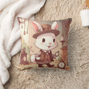 Cute White Rabbit Wonderland Whimsical Timekeeper Throw Pillow