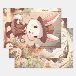 Cute White Rabbit Wonderland Whimsical Timekeeper Wrapping Paper Sheets