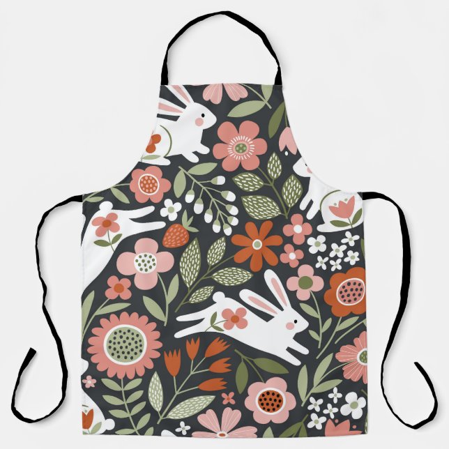 Cute white rabbits, floral vintage pattern. apron (Front)