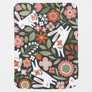Cute white rabbits, floral vintage pattern. baby blanket