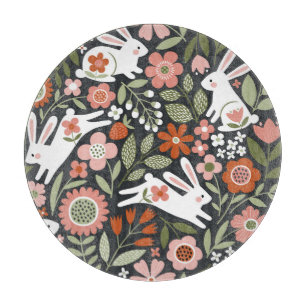 Cute white rabbits, floral vintage pattern. cutting board