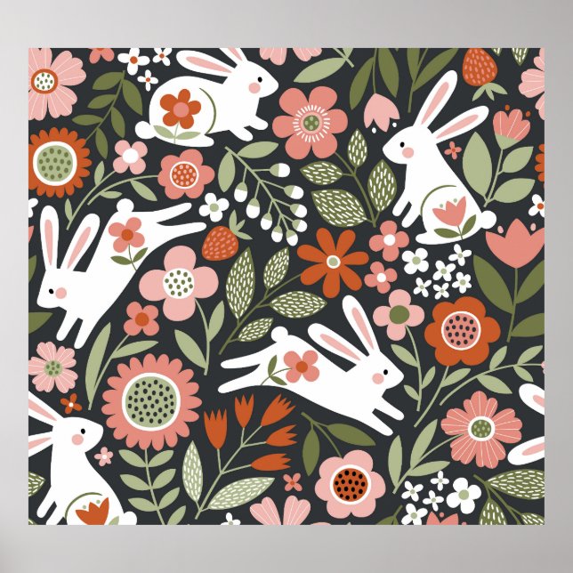 Cute white rabbits, floral vintage pattern. poster (Front)
