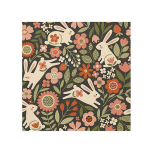 Cute white rabbits, floral vintage pattern. wood wall art