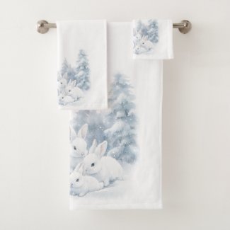 Cute White Rabbits in Snow Winter Holiday