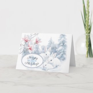 Cute White Rabbits in Snow Winter Holiday