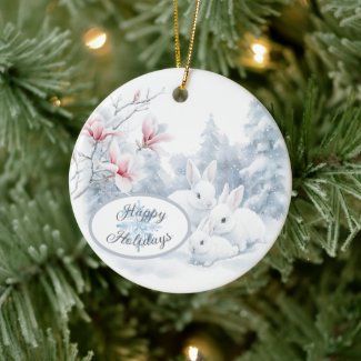 Cute White Rabbits in Snow Winter Holiday