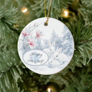 Cute White Rabbits in Snow Winter Holiday Ceramic Ornament
