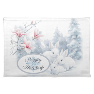 Cute White Rabbits in Snow Winter Holiday Cloth Placemat