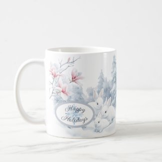 Cute White Rabbits in Snow Winter Holiday