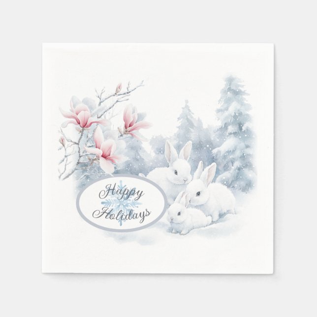 Cute White Rabbits in Snow Winter Holiday Napkins (Front)