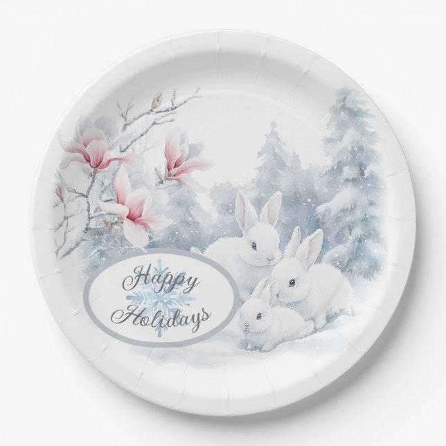 Cute White Rabbits in Snow Winter Holiday Paper Plates (Front)