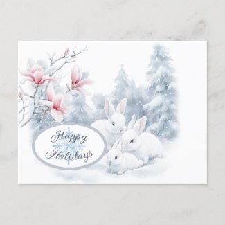 Cute White Rabbits in Snow Winter Holiday