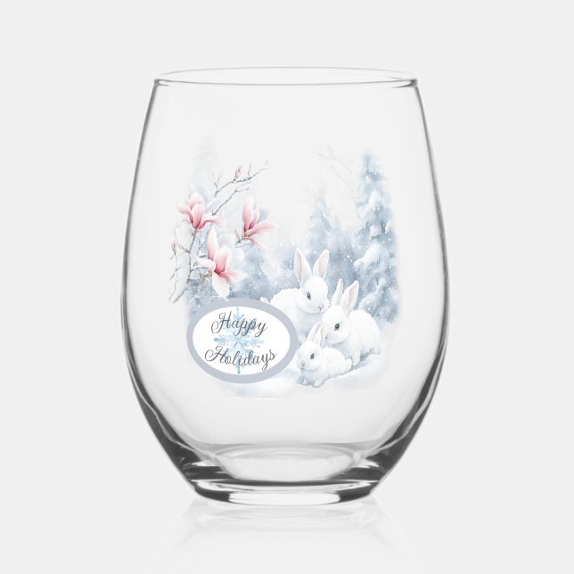 Cute White Rabbits in Snow Winter Holiday Stemless Wine Glass (Front)
