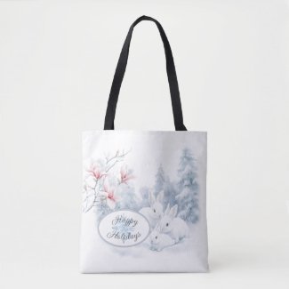 Cute White Rabbits in Snow Winter Holiday