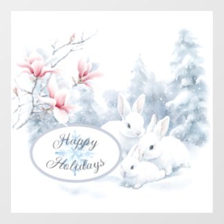 Cute White Rabbits in Snow Winter Holiday