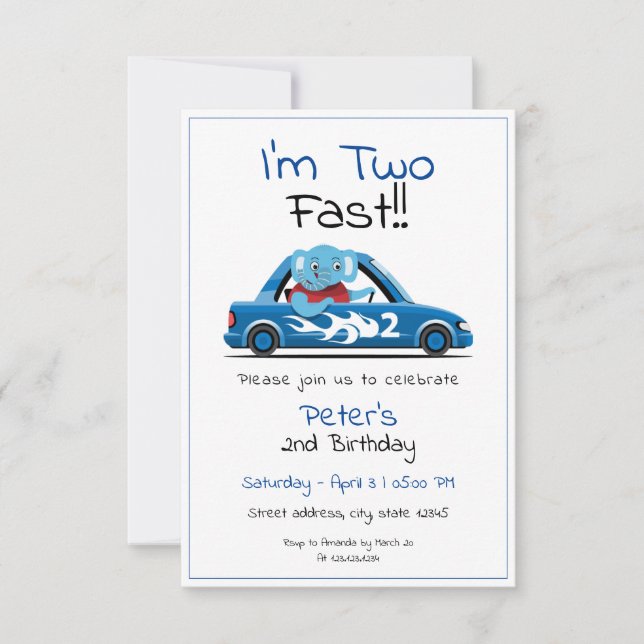 Cute White Race Car Elephant Two Fast 2nd Birthday Invitation (Front)