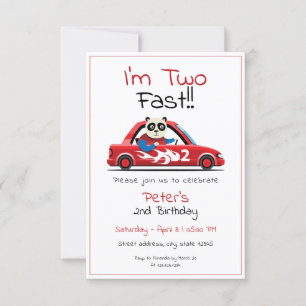 Cute White Race Car Panda Two Fast 2nd Birthday Invitation