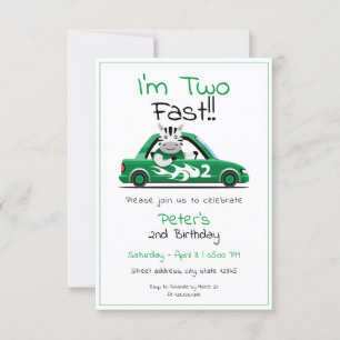 Cute White Race Car Zebra Two Fast 2nd Birthday Invitation