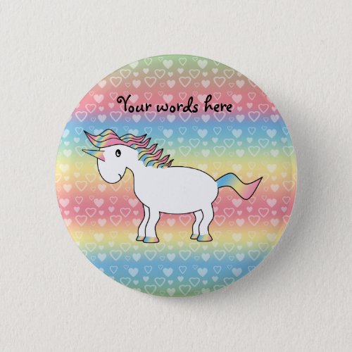 Cute white rainbow unicorn on rainbow hearts button