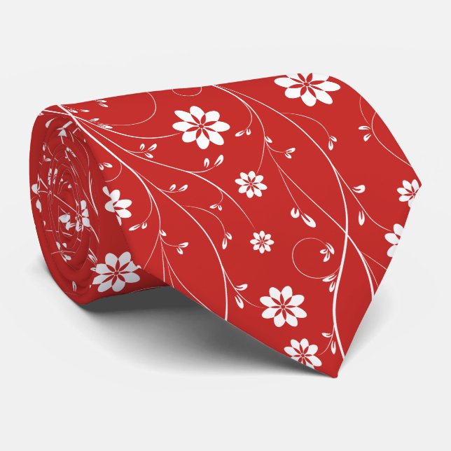 Cute White & Red Delicate Floral Pattern Neck Tie (Rolled)