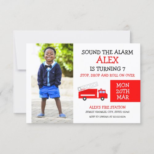 Cute White  Red Kids Photo Firetruck Birthday Invitation