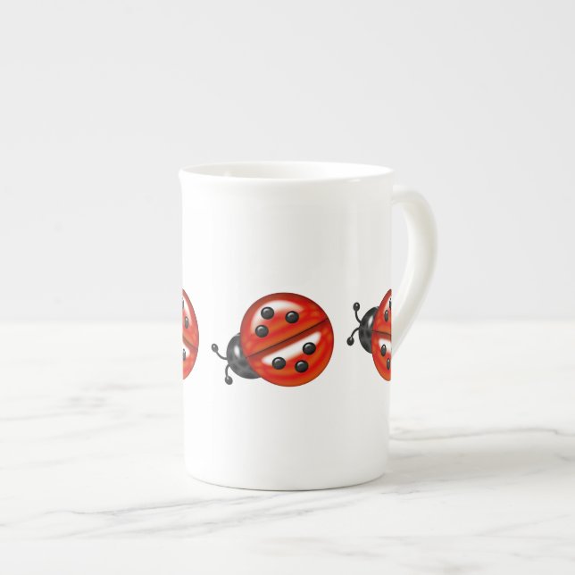 Cute White & Red Ladybug Bone China Mug (Front Right)
