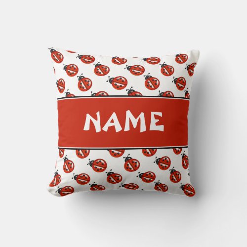 Cute White  Red Ladybugs Custom Name Kids Pillow