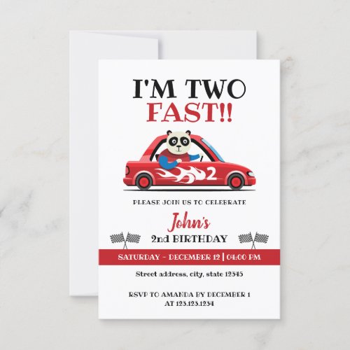 Cute White  Red Race Car Two Fast Second Birthday Invitation