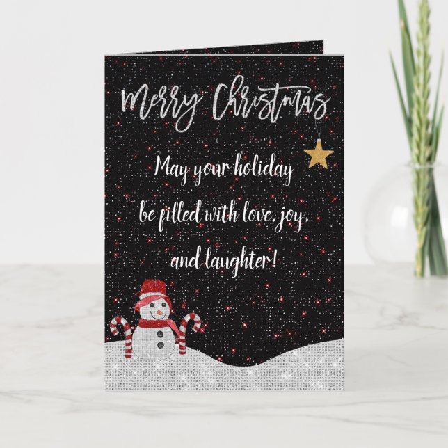 Cute White Red Snowman Night Sky Glitter Christmas Card (Front)
