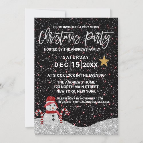 Cute White Red Snowman Night Sky Glitter Christmas Invitation