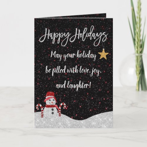 Cute White Red Snowman Night Sky Glitter Holidays Card